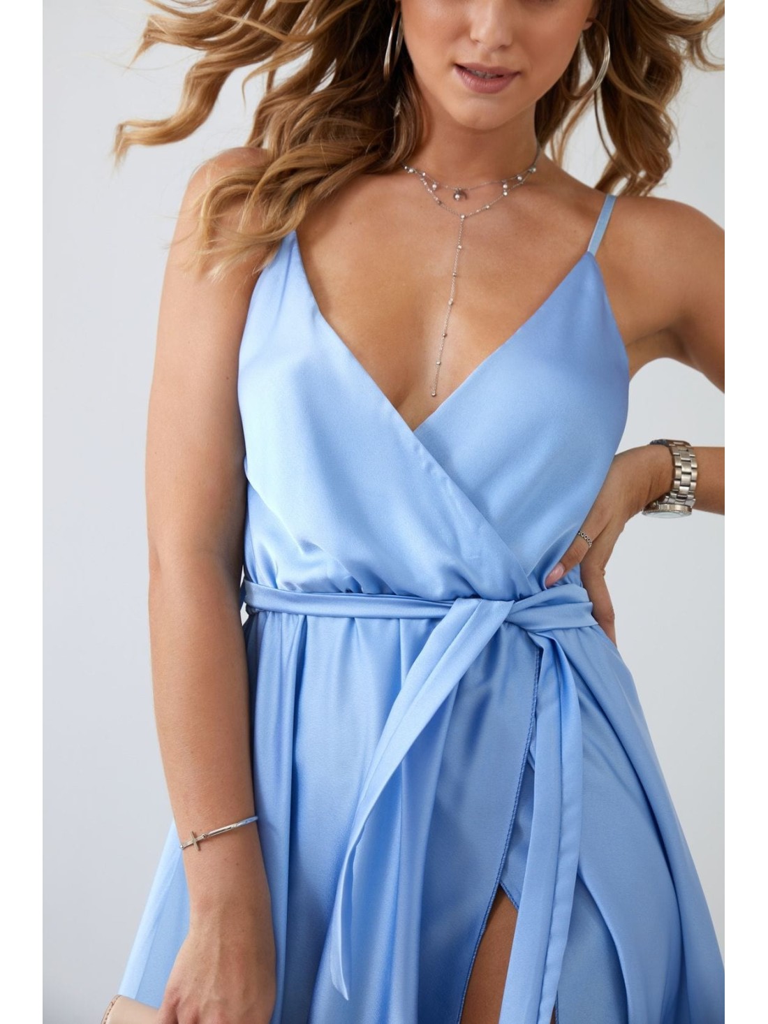 Maxi wrap dress with a belt, blue 53535 - Online store - Boutique